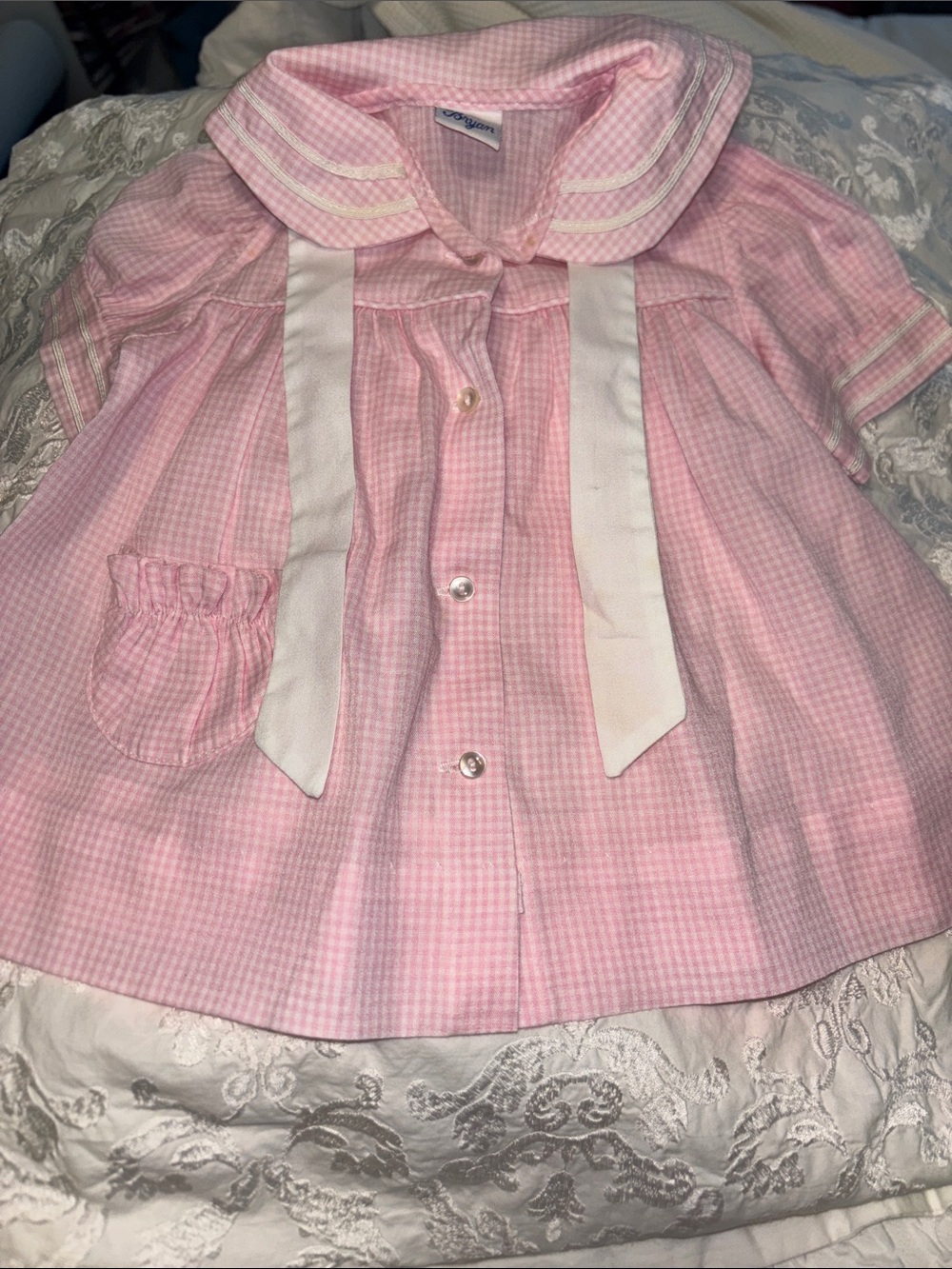 Bryan Vintage Pink Gingham Sailor-Style Baby Dress with White Ties 6-9 mos